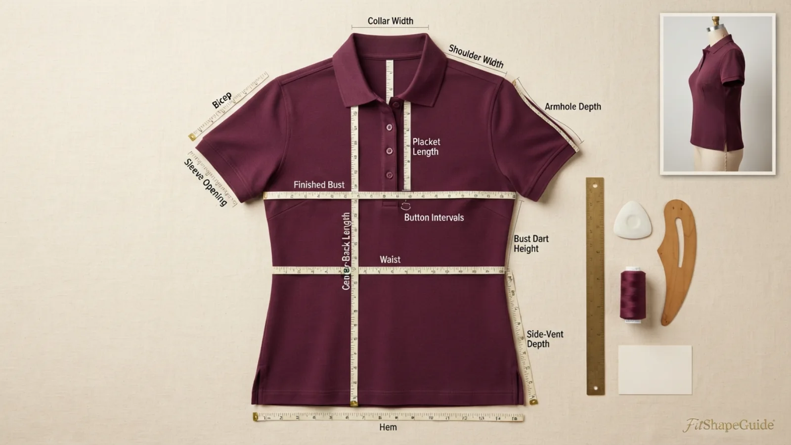 Polo shirt measured across bust shoulders waist hem armhole bicep sleeve placket collar and front length