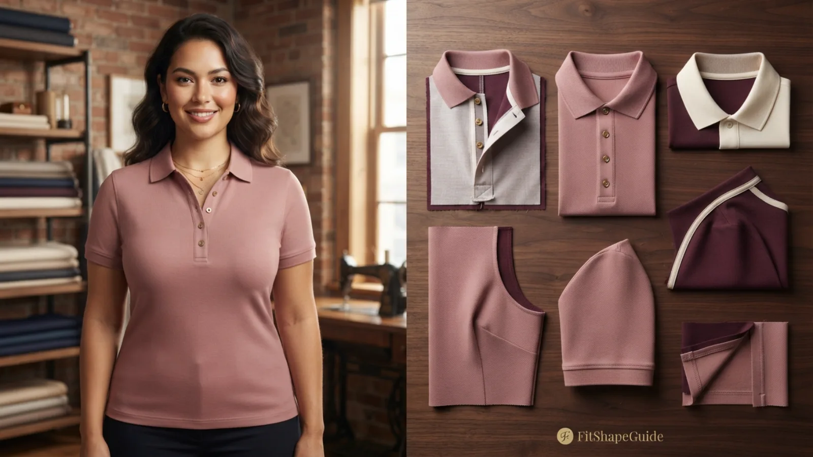 Polo shirt construction showing stable collar reinforced placket bust shaping sleeve fit and balanced front length