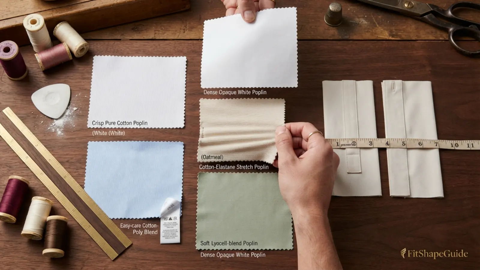 Cotton stretch and blended poplin swatches tested for weave opacity recovery and shrinkage