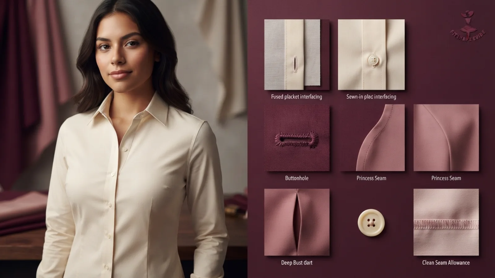 Poplin shirt placket dart princess seam and hidden closure construction details