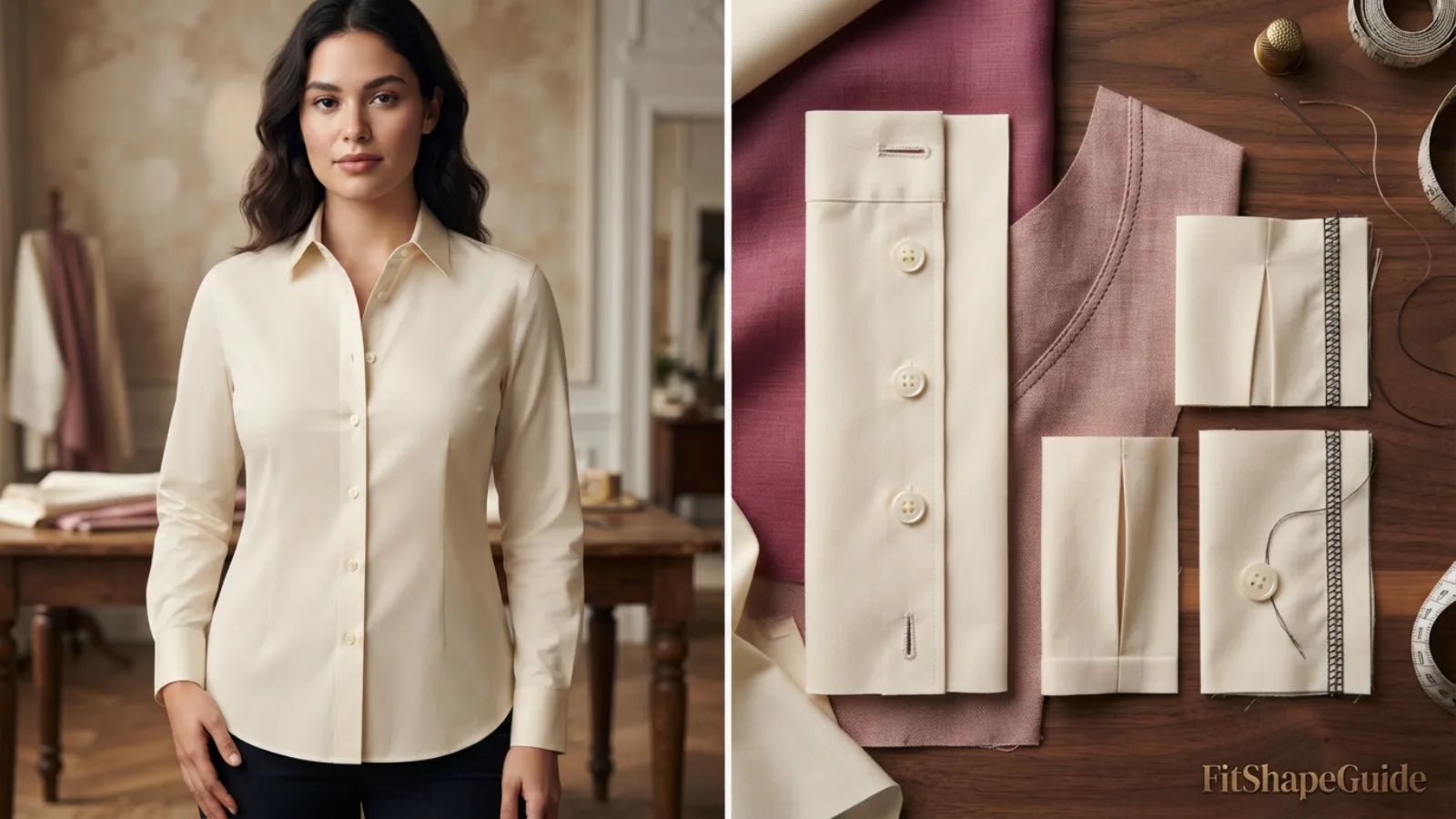 Poplin shirt construction showing reinforced placket hidden snap bust dart princess seam and balanced hem