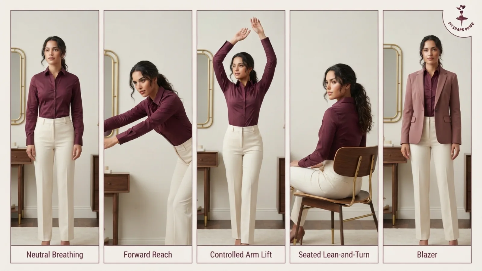 Poplin shirt tested while standing reaching lifting arms sitting and layering
