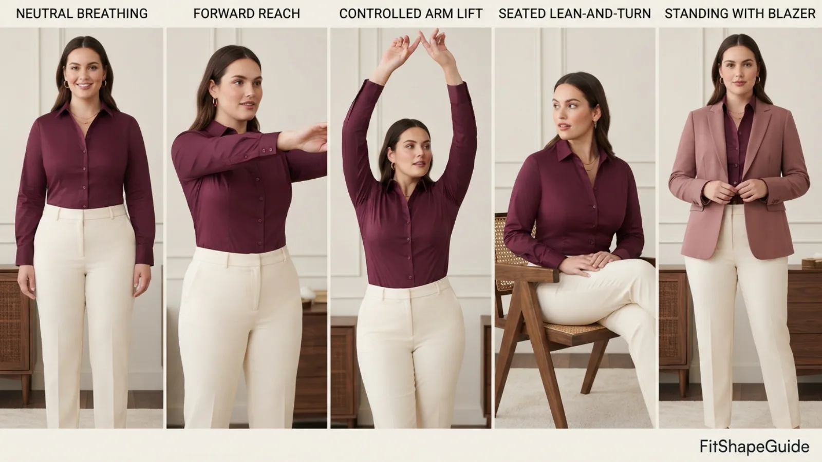 Poplin shirt tested while breathing reaching lifting arms sitting turning and layering