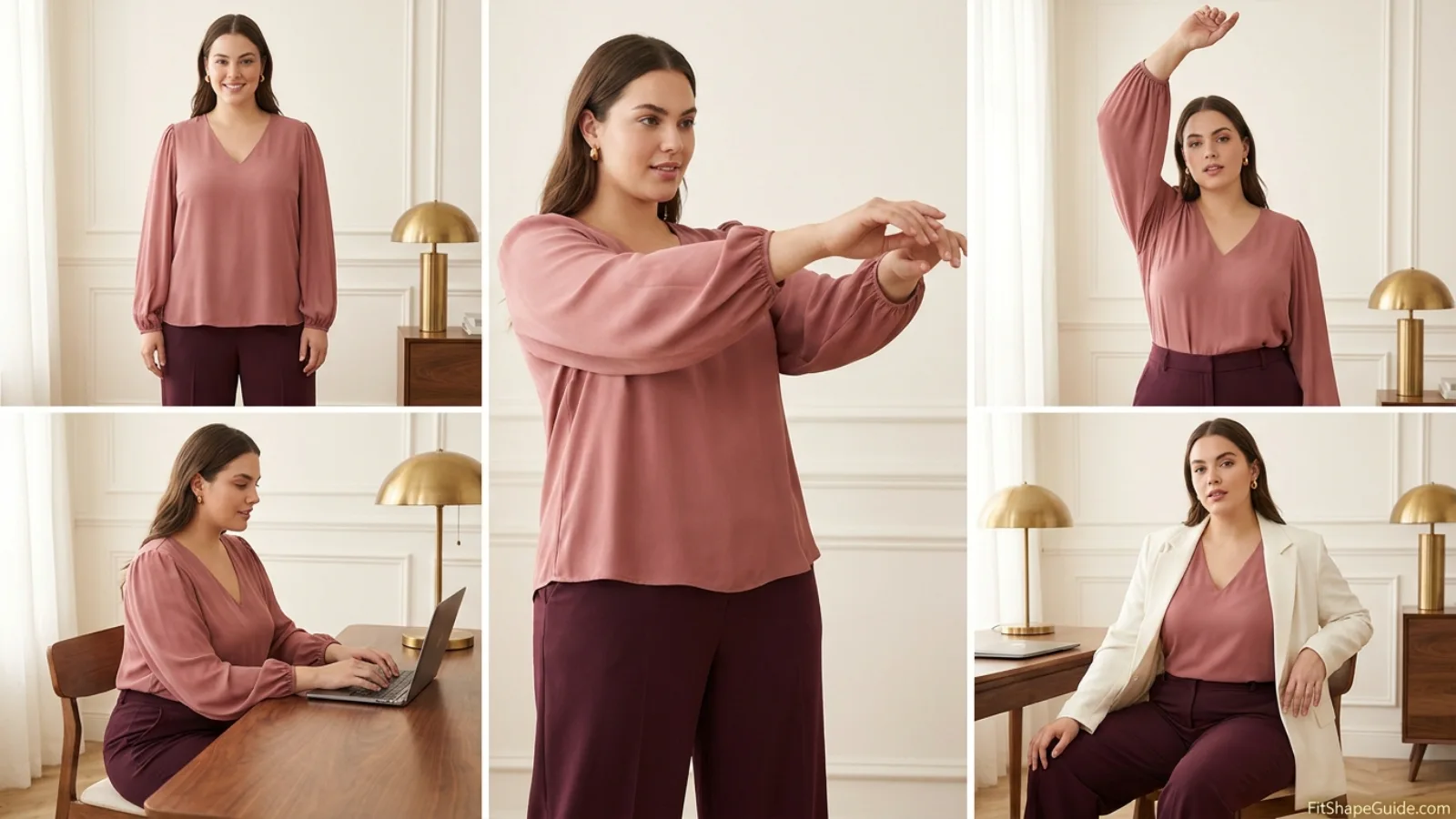 Puff-sleeve blouse staying balanced while standing reaching sitting and adding a blazer