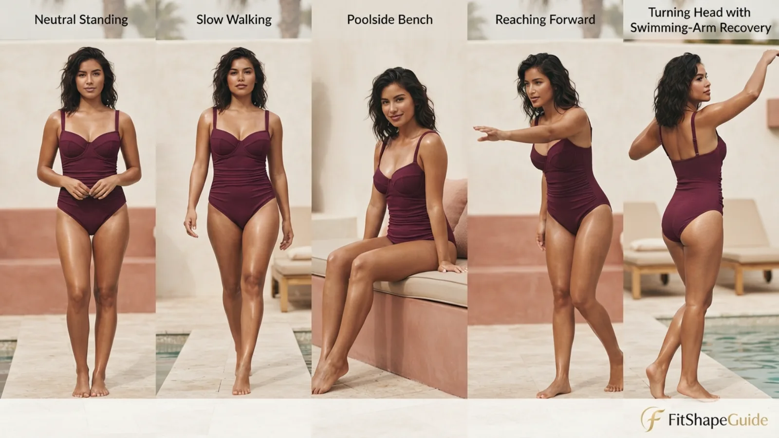 Ruched swimsuit standing seated reaching walking and turning strap comfort test