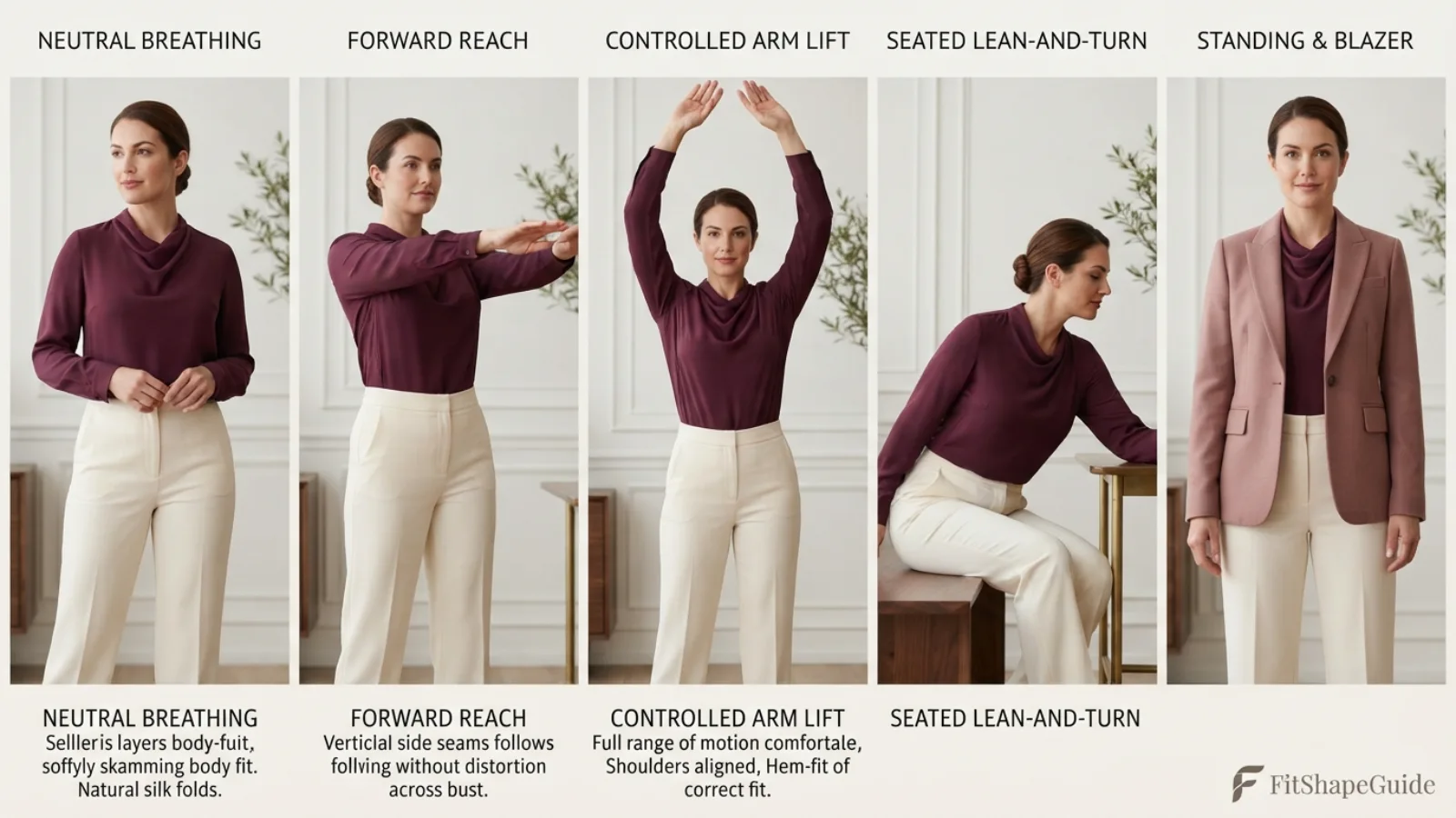 Silk blouse tested while breathing reaching lifting arms sitting turning and layering