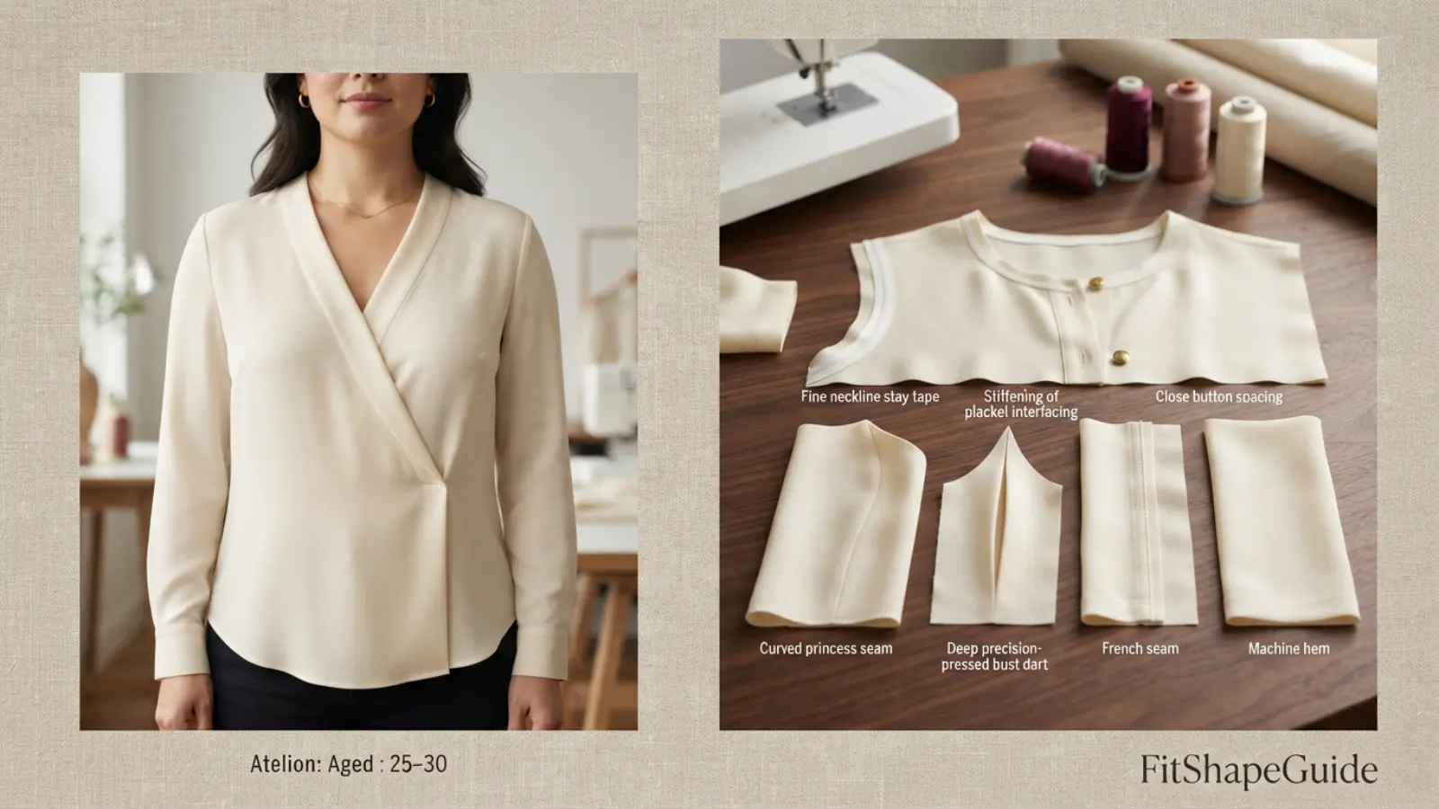 Silk blouse construction showing secure neckline wrap overlap bust dart stable placket and balanced front length