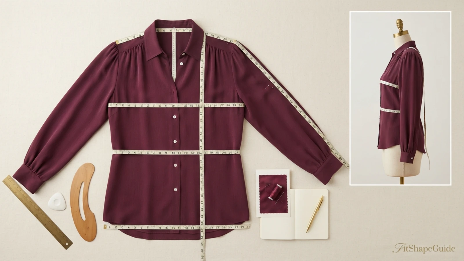 Silk blouse measured across bust shoulders waist hem armhole bicep sleeve neckline and front length