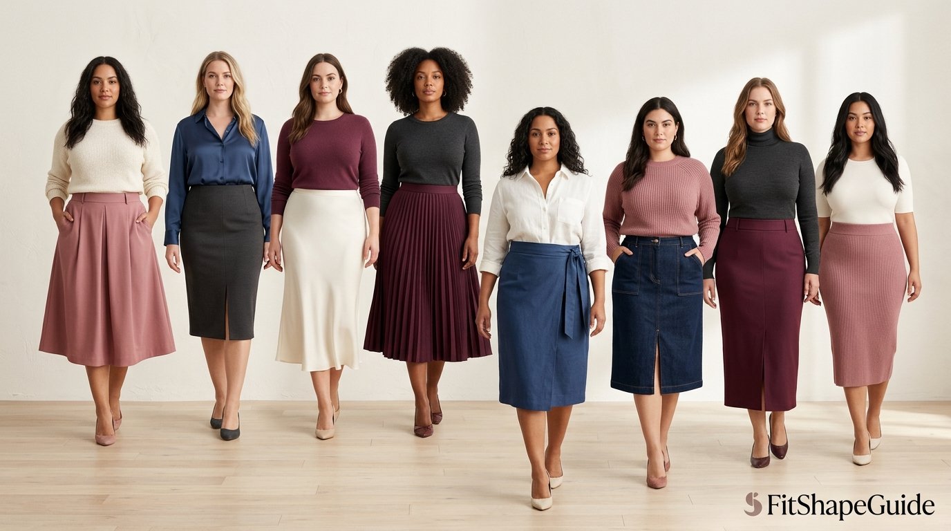Eight skirt silhouettes compared for fuller-bust outfits