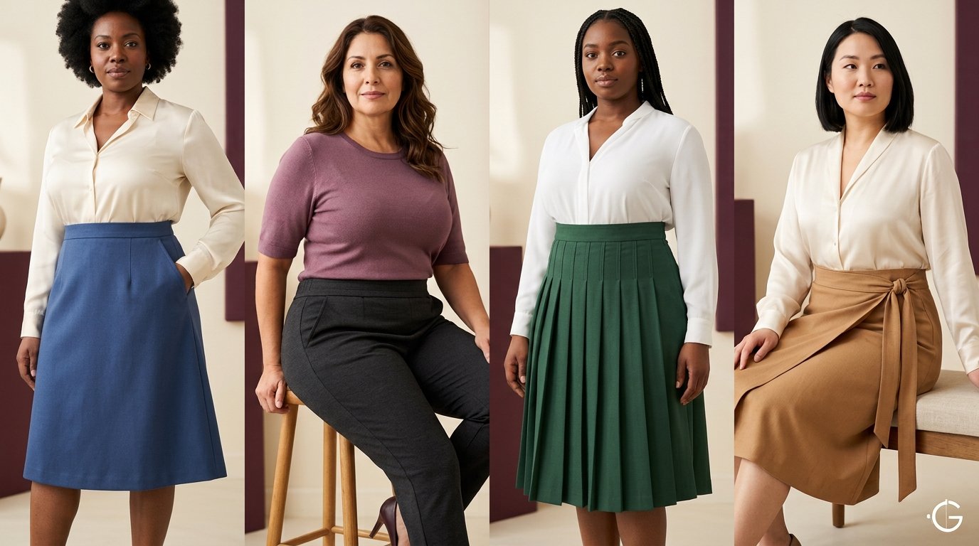 Skirt waistband, dart, pleat, pocket and hip fit details