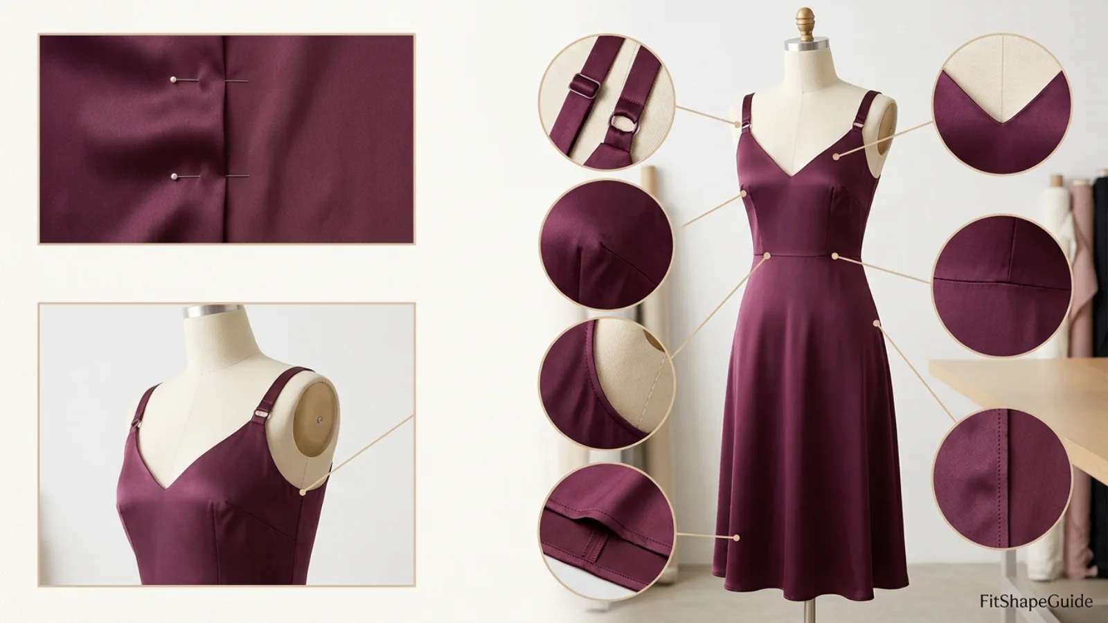 Slip dress bust support anatomy showing straps neckline darts lining side height and waist stability