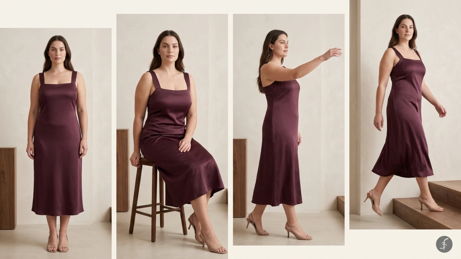 Slip dress movement tests for neckline straps side seams and level hem on a fuller bust