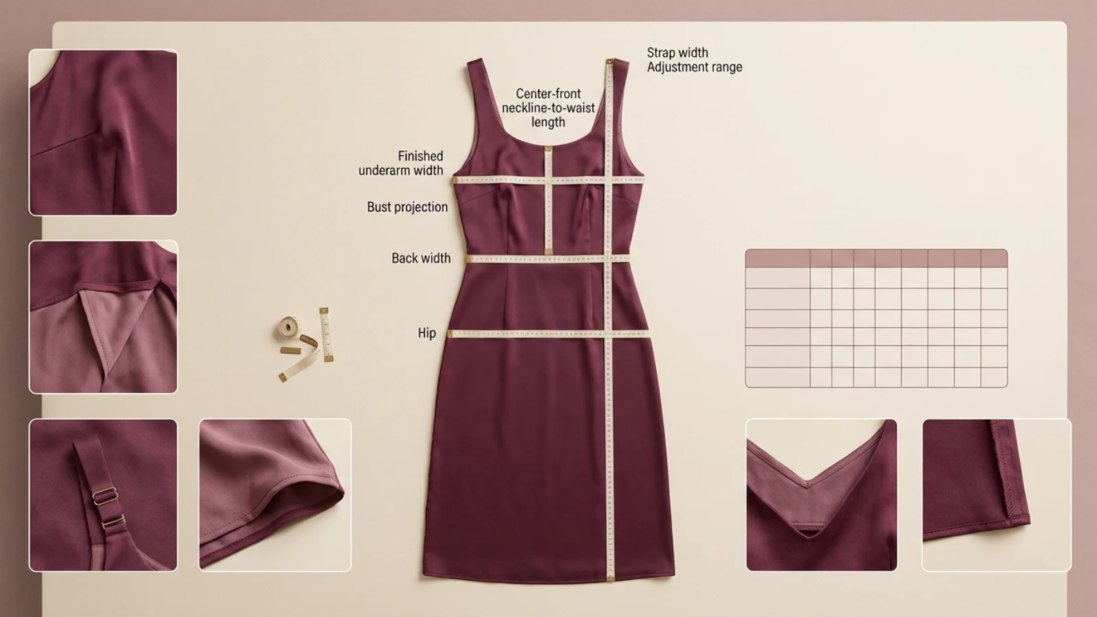 Online measurements for choosing a slip dress for a large bust