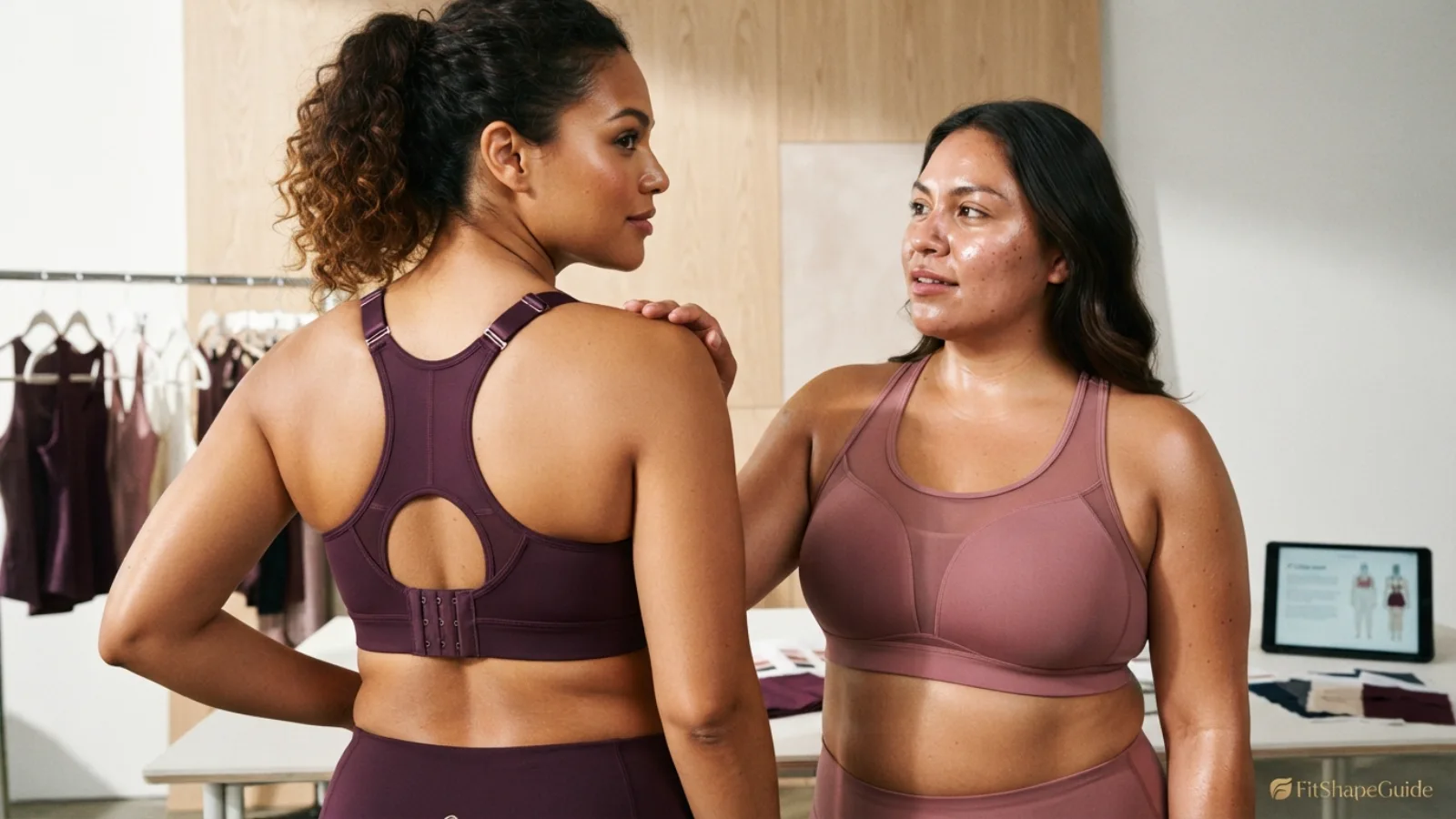 Sports bra support anatomy for a fuller bust showing cups band straps and side wings