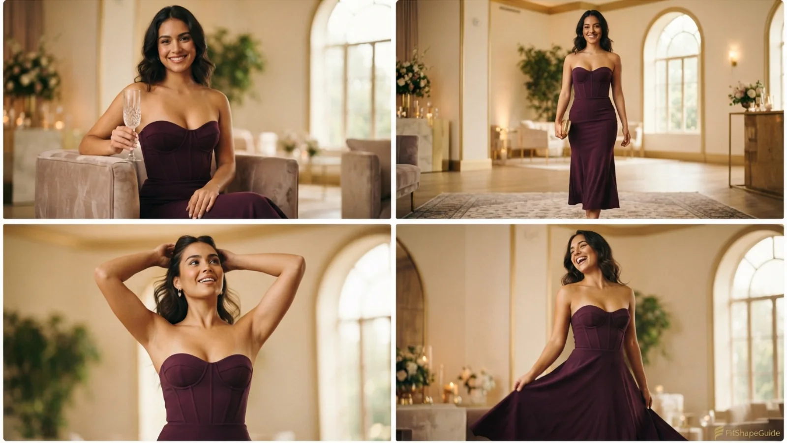 Movement tests for a fuller-bust strapless dress while sitting reaching and turning