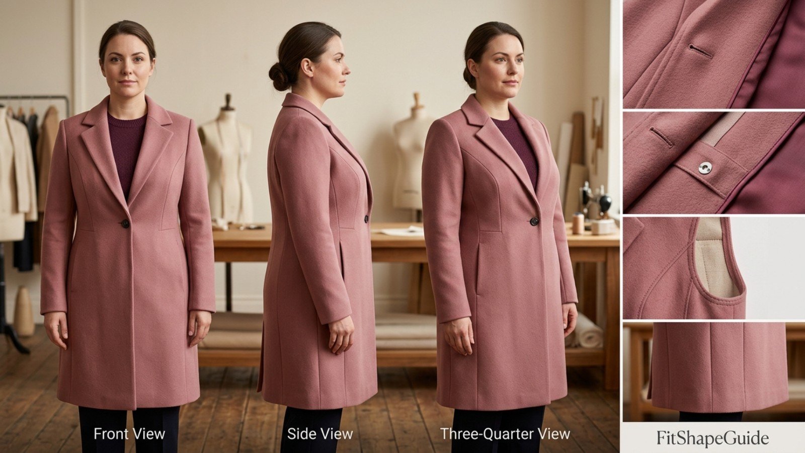 Structured coat bust shaping lapel and button checks for a large bust