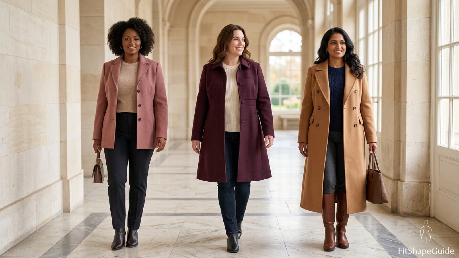 Structured coat length and sweater layering guide for a large bust
