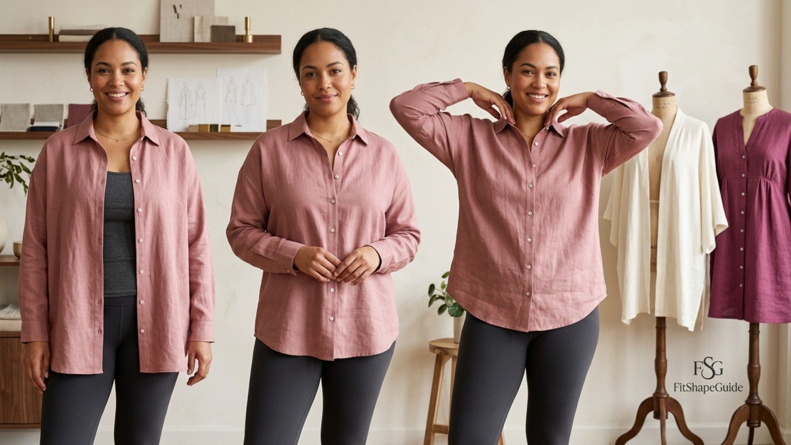 Bust-friendly swim cover-up fit showing ease darts closures and shoulder mobility