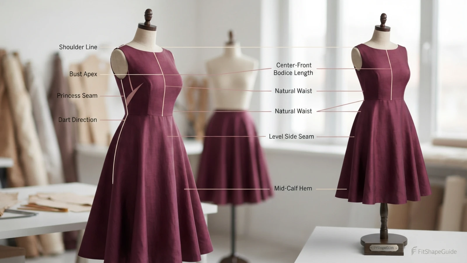 Tea-length dress fit points for a fuller bust and level hem