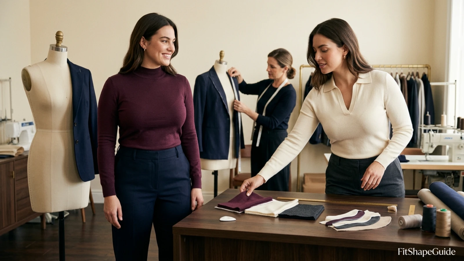 Fuller-bust fit check for mock-neck and split-neck office tops
