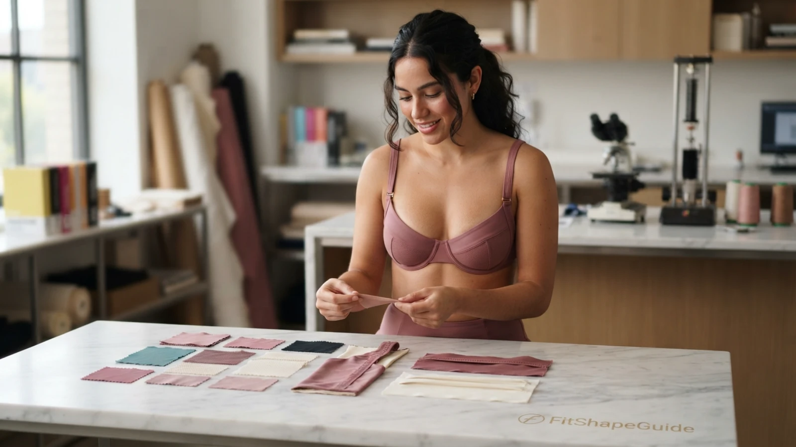 Underwire bikini top fabric lining and wet-recovery test for a fuller bust