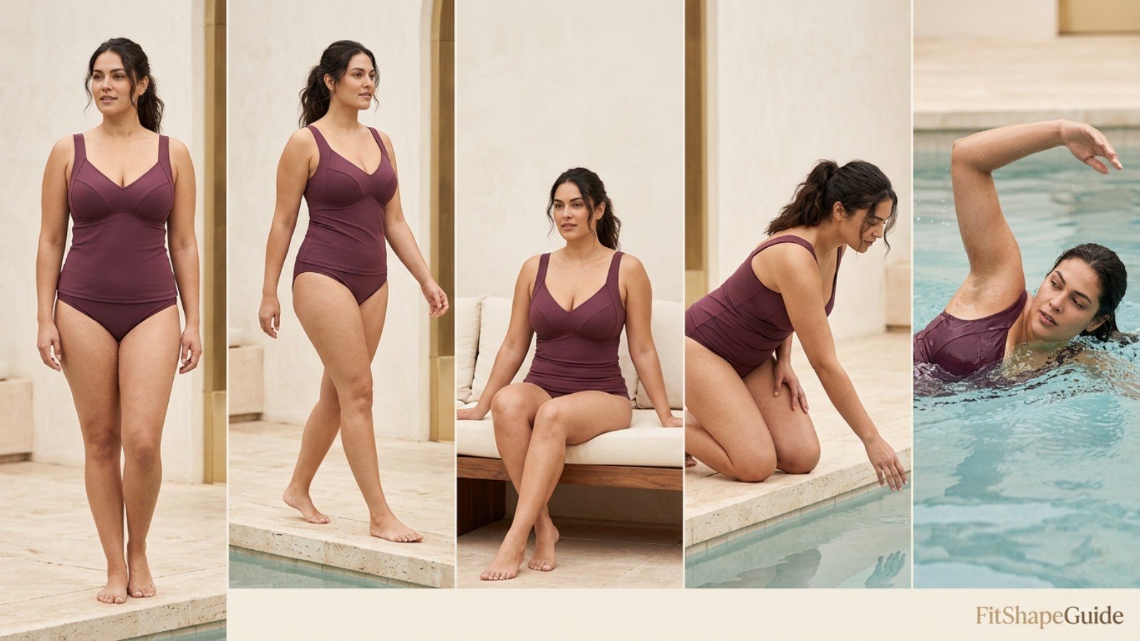 Tankini standing seated reaching walking and turning wet-fit test
