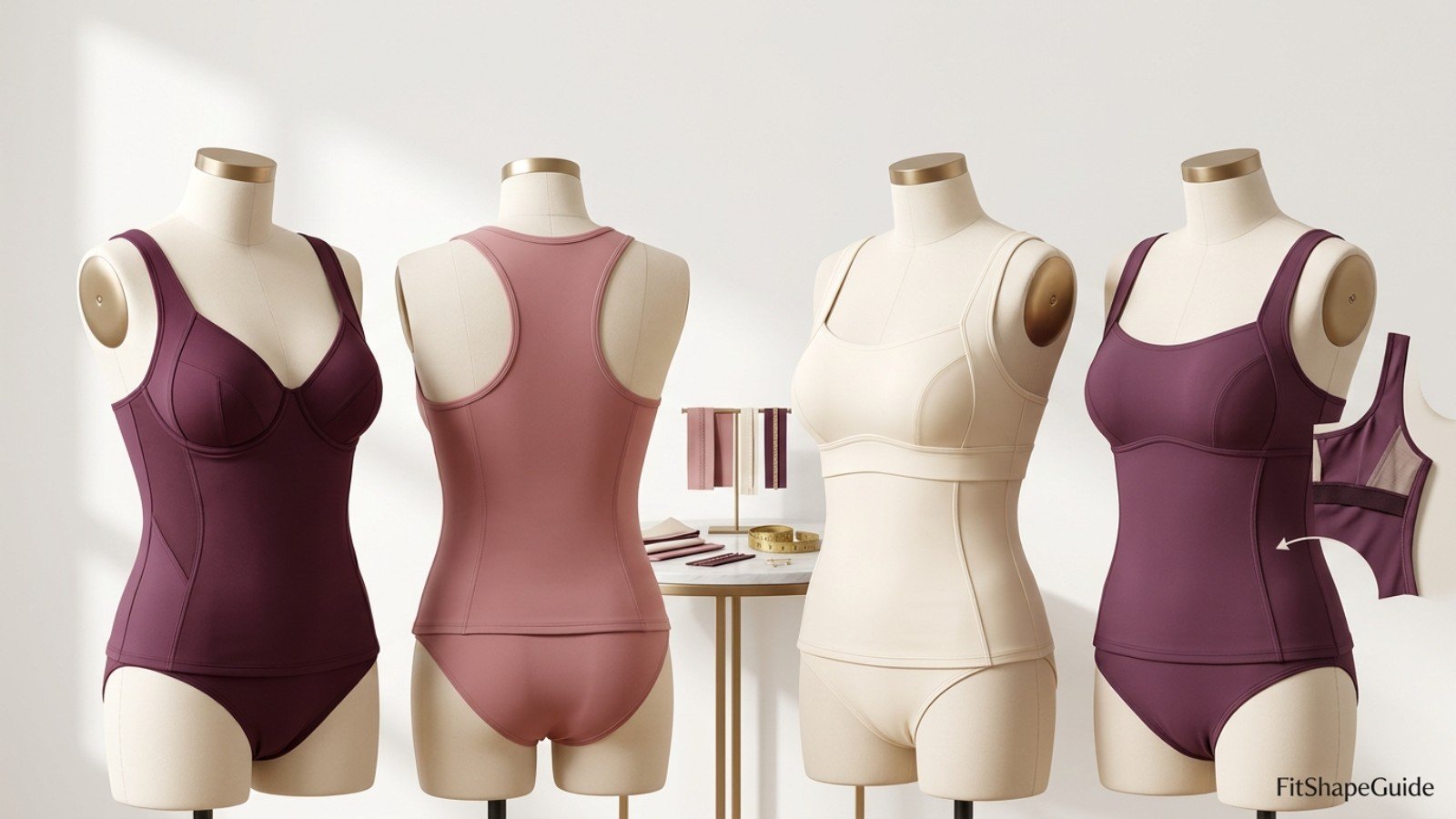 Tankini support anatomy showing wide shoulder straps bust shaping side coverage back and underbust and back anchor