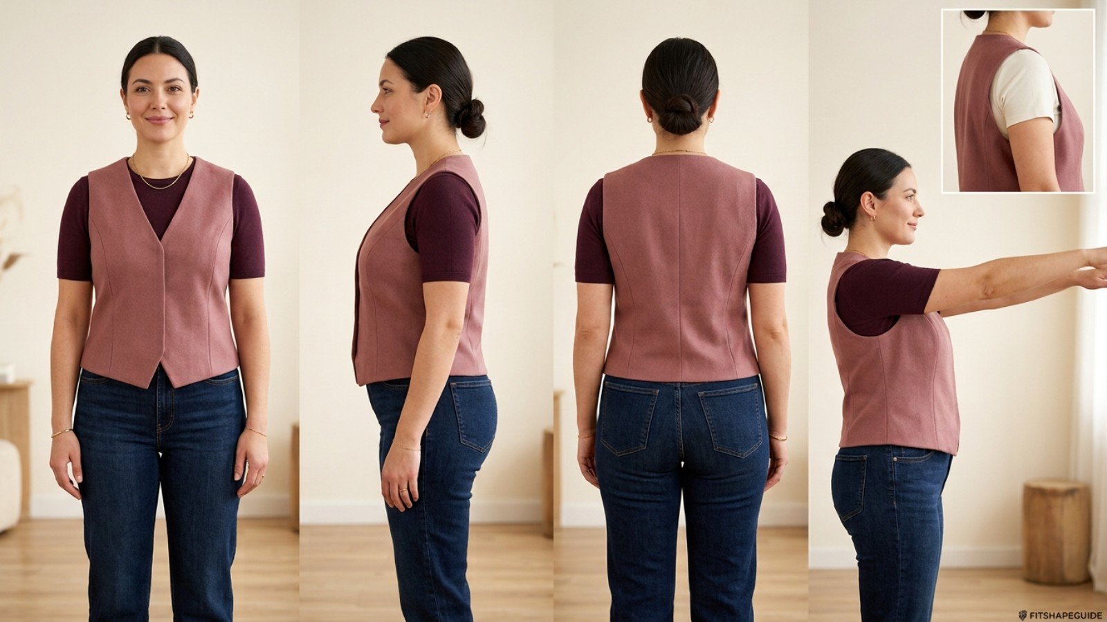 Vest armhole neckline and side coverage checks for a large bust