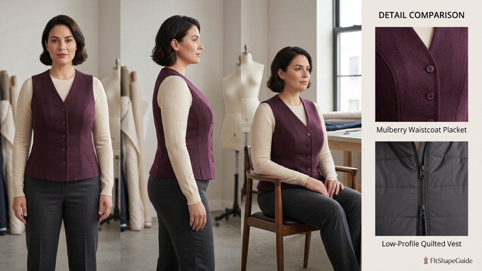 Vest shaping closure and hem balance for a fuller bust