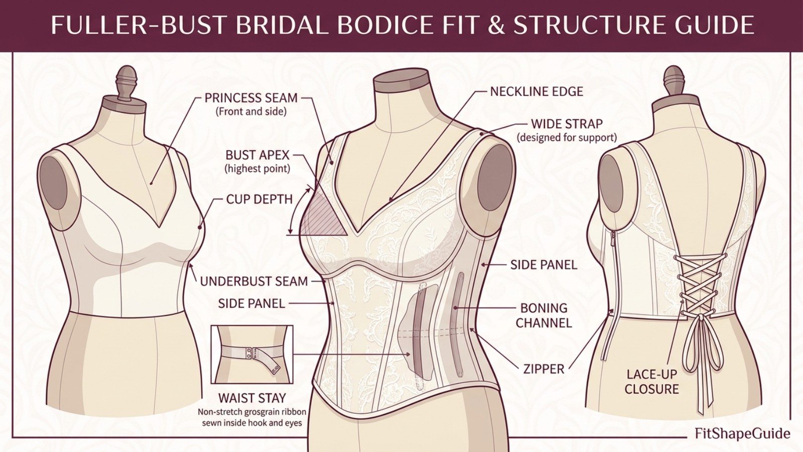 Wedding dress support points for fuller busts including seams straps and waist stay