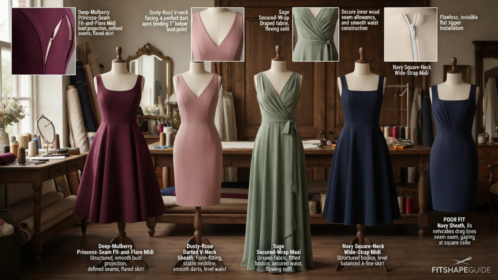 Wedding guest dress bodice fit comparison showing bust shaping neckline stability and waist placement