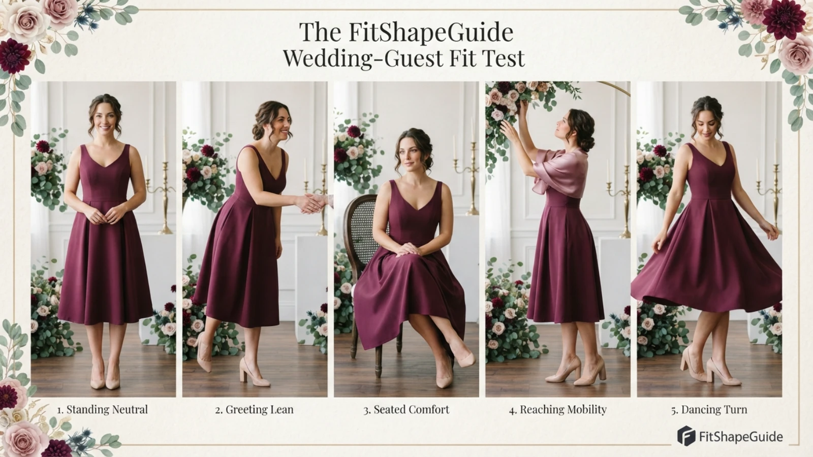 Wedding guest dress seated reach and dance movement test for a fuller bust