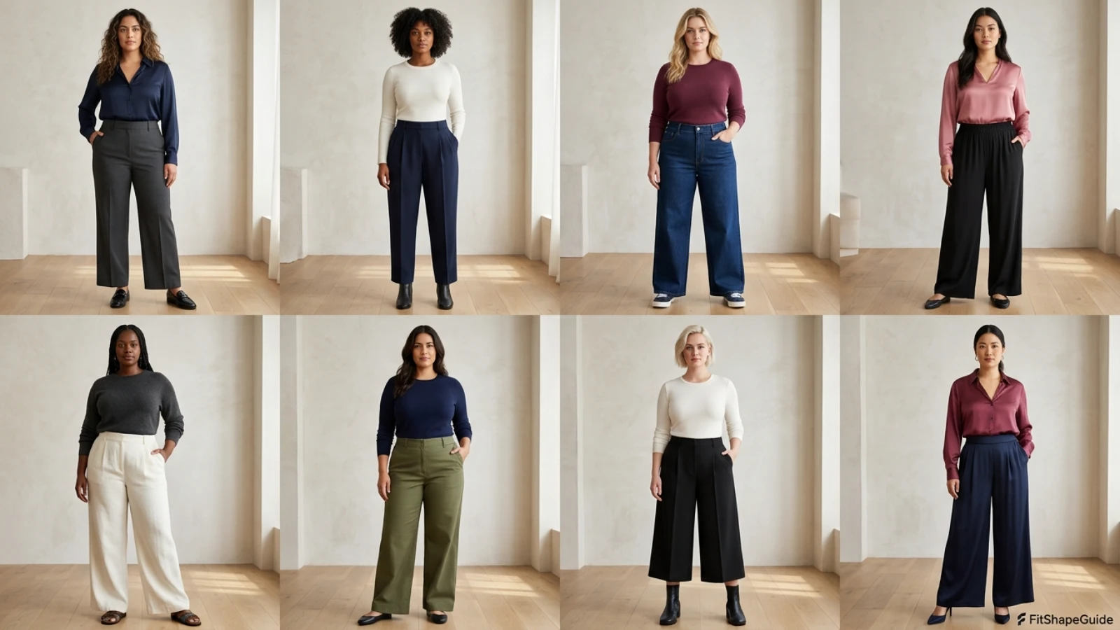 Eight wide-leg pant silhouettes styled for fuller-bust outfits