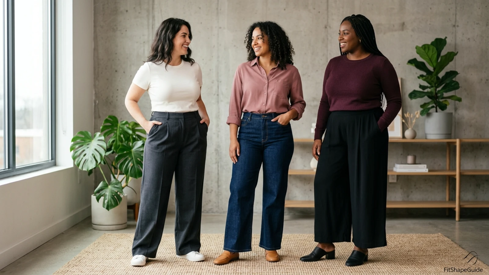 Wide-leg pants and a large bust styled in three comfortable outfits