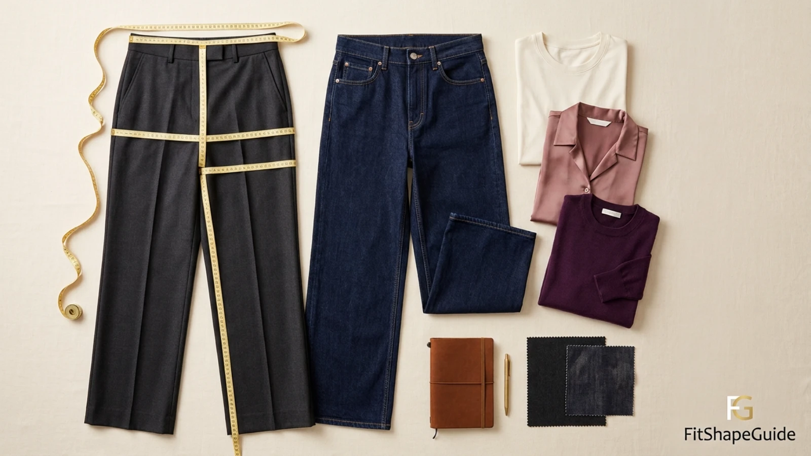 Wide-leg pants shopping check with waist, rise, hip and hem measurements