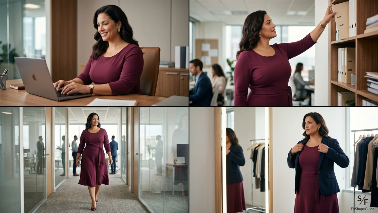 Office movement test for a work dress on a large bust