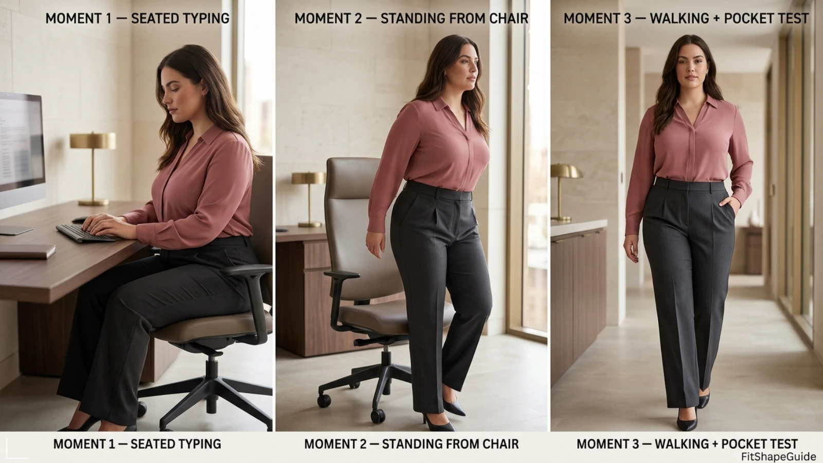 Seated movement, pleat and pocket test for work-pant outfits
