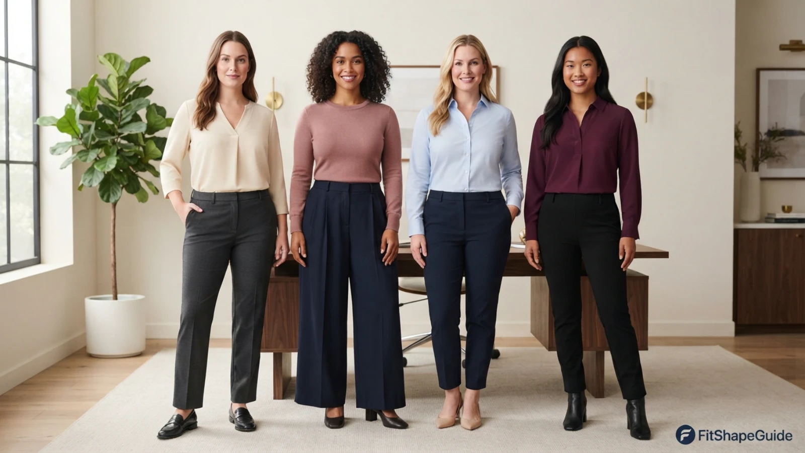 Straight, wide-leg, tapered and pleated work-pant outfits for a large bust