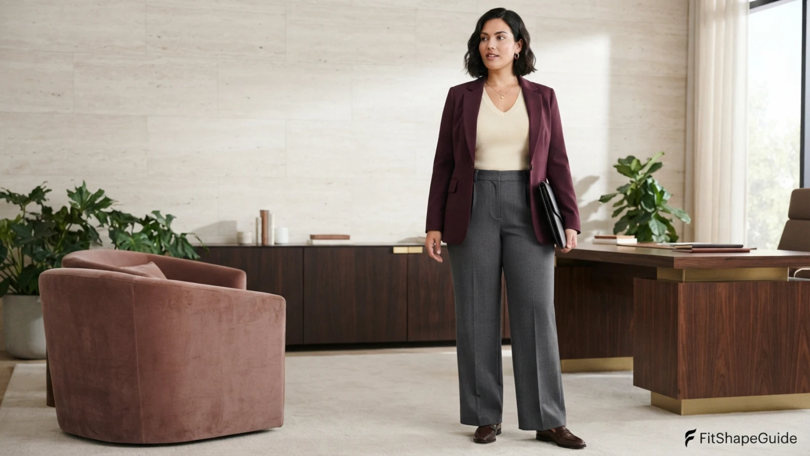 Wide-leg work pants paired with a secure shaped top for a large bust