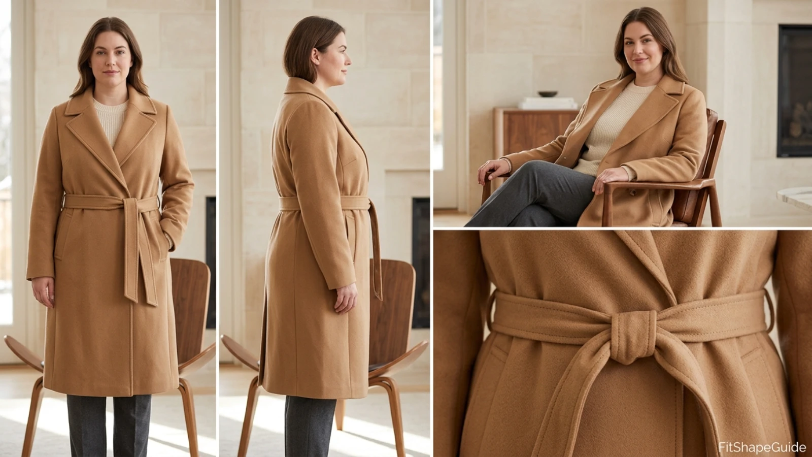 Wrap coat belt placement and seated fit test for a fuller bust