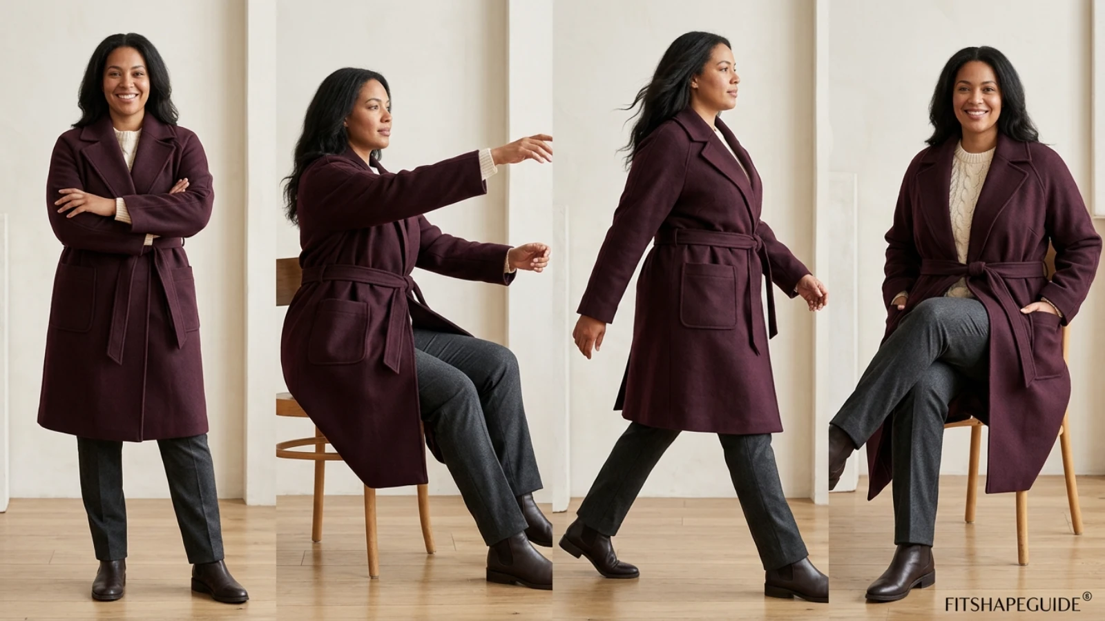 Wrap coat sleeve movement and sweater layering test for a large bust
