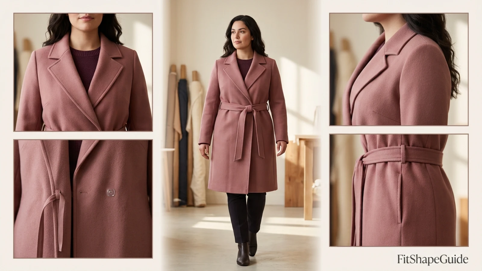 Wrap coat overlap lapel and hidden fastening checks for a large bust