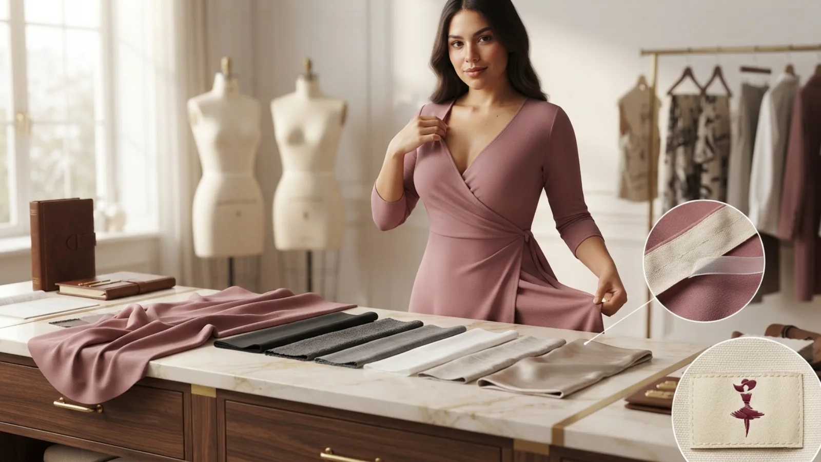 Fabric drape opacity and recovery test for fuller-bust wrap dresses
