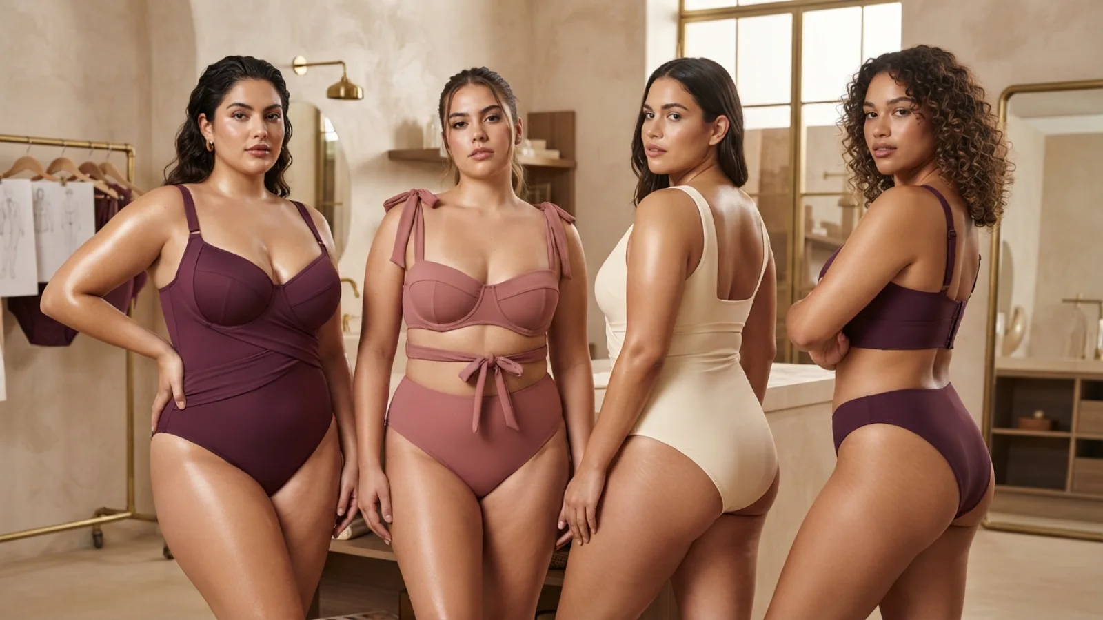 Wrap swimsuit support anatomy showing wide shoulder straps bust shaping side coverage back and underbust and back anchor