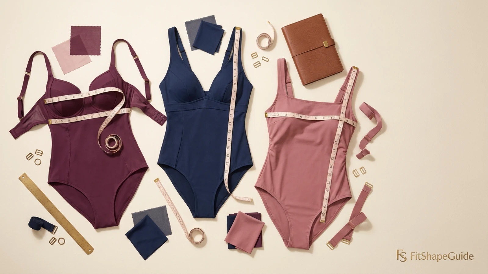 Adjustable-strap swimsuit shopping check with cup, band, strap and torso measurements