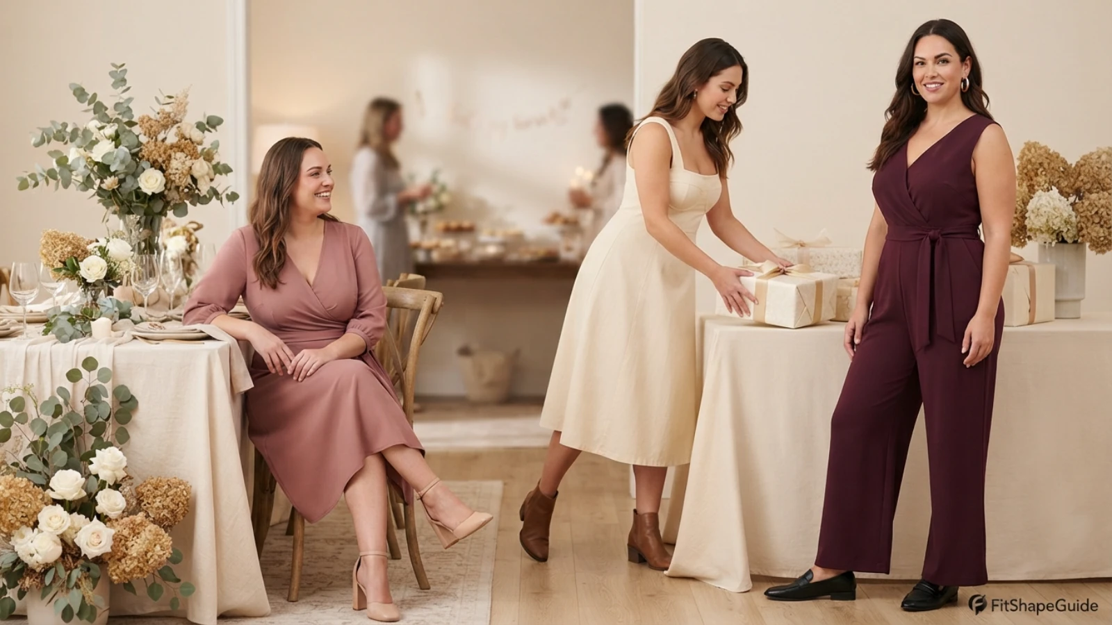 Baby shower outfits tested while sitting, reaching and taking photos