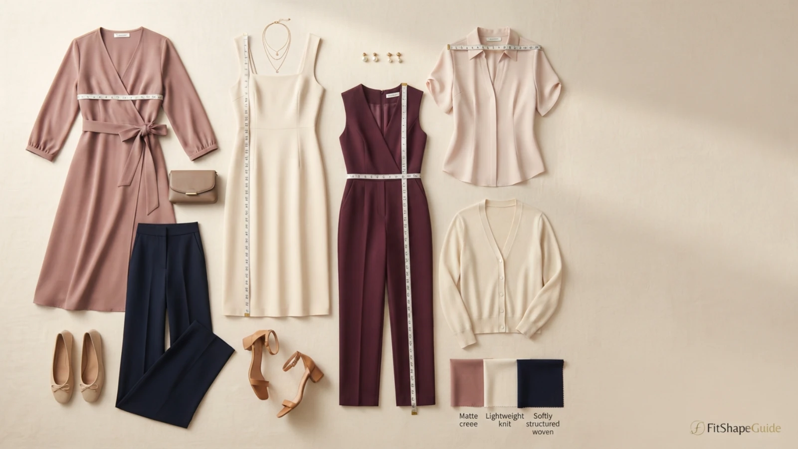 Baby shower outfit capsule with dress, jumpsuit, blouse and fit measurements