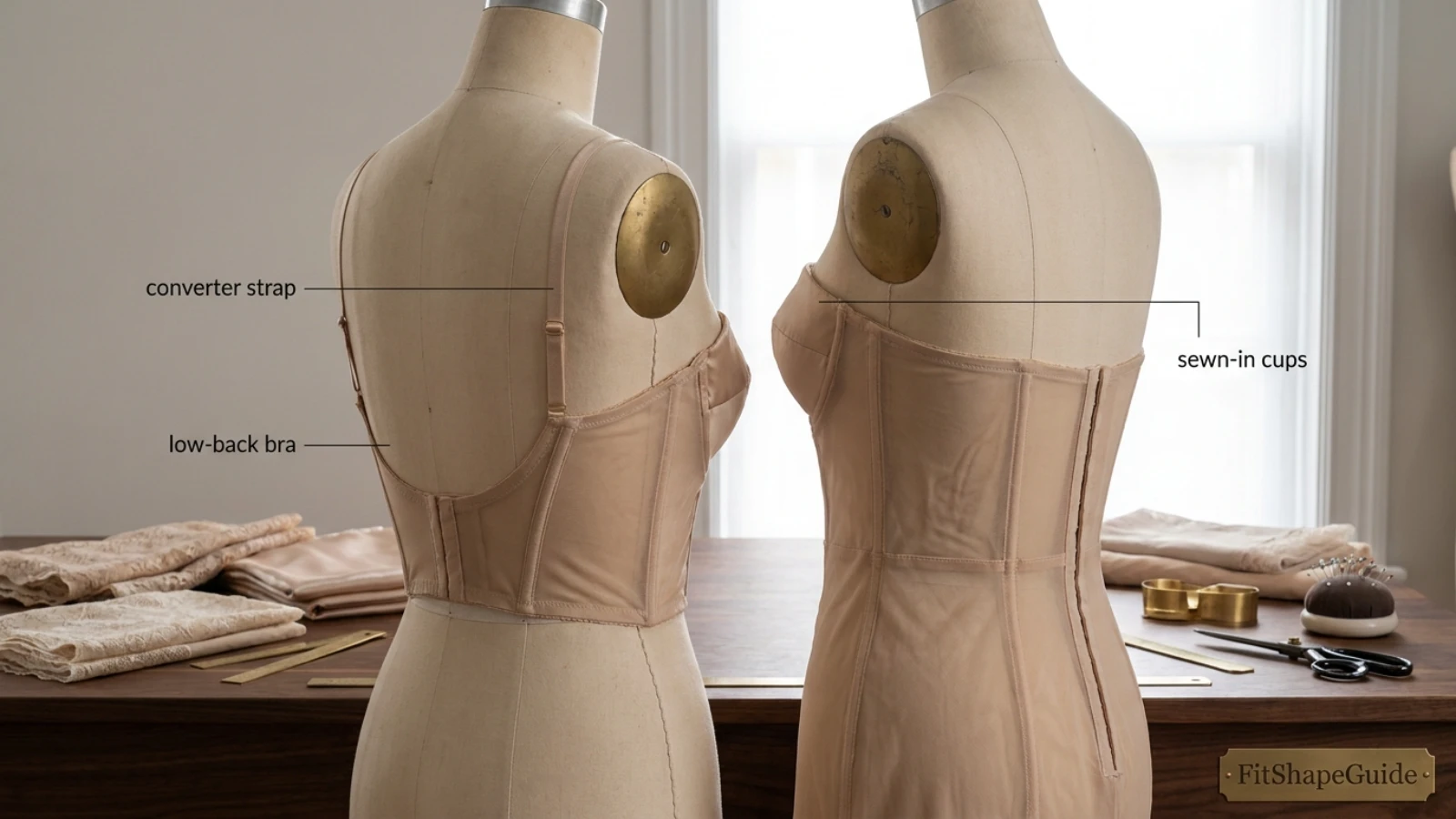 Low-back bra, converter, longline and dress-bodice support construction