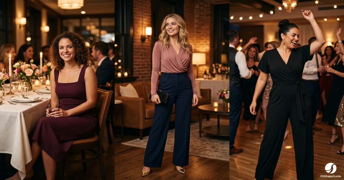 Three birthday party outfits styled comfortably for a large bust