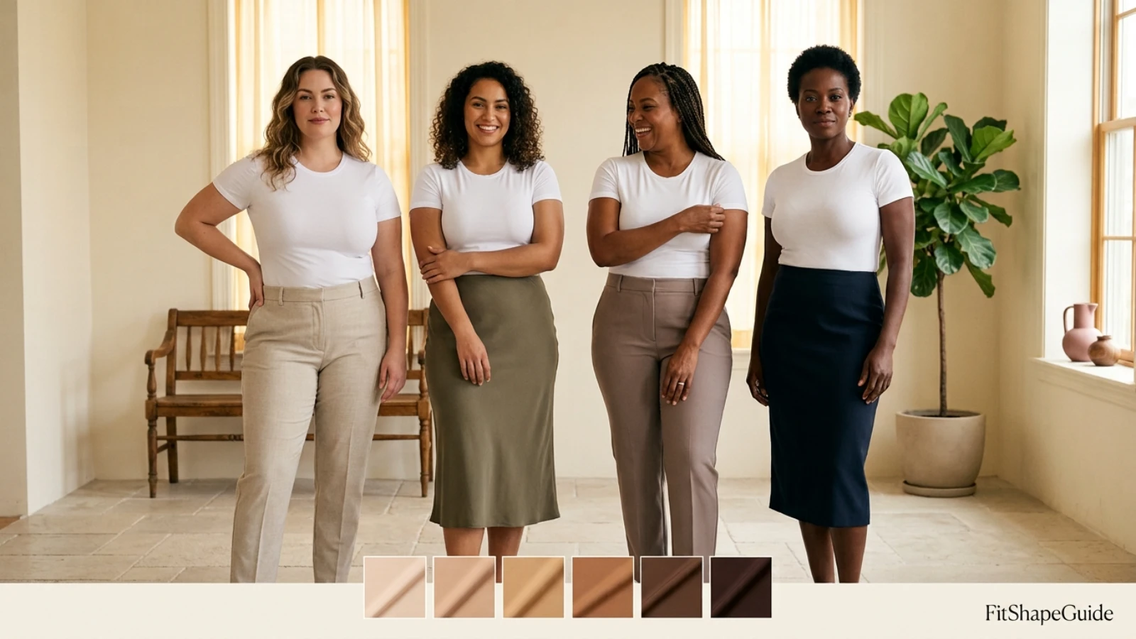 Skin-tone bra shade comparison beneath white and thin tops for different skin tones